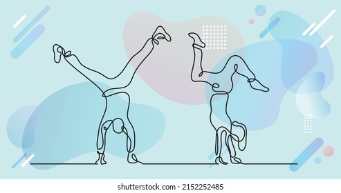 one line drawing of couple doing handstand