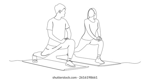 One Line Drawing of Couple Doing Lunge Stretch Exercise on Mats