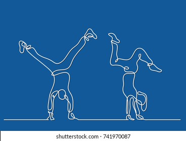 one line drawing of couple doing handstand