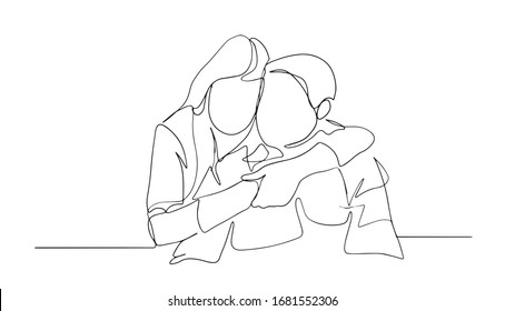 One line drawing, couple embrace. Lovers concept, vector illustration. Man and woman in love, and share their intimacy.Couple hugs vector illustration.