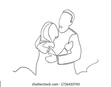 One line drawing, couple embrace. Lovers concept, vector illustration. Man and woman in love, and share their intimacy.Couple hugs vector illustration. Romantic continuous hand drawn sketch people. 