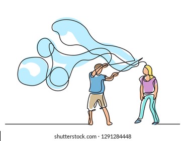 one line drawing of couple making soap bubbles
