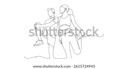 One Line Drawing of Couple Stretching Before Workout