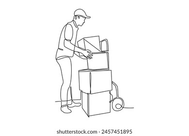 One line drawing of the courier lifts the package from the trolley. Delivery service concept. Cargo activity. Continuous line draw design vector illustration