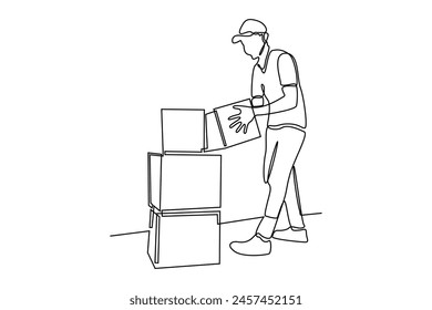 One line drawing The courier picks up the package to be delivered. Delivery service concept. Cargo activity. Continuous line draw design vector illustration