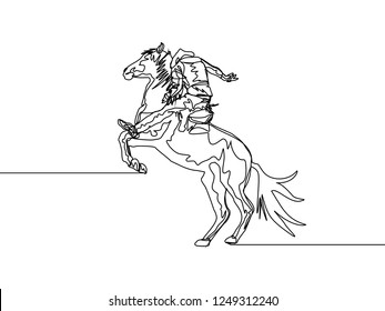 One line drawing of cowboy riding wild horse. Continuous line hand drawn of rodeo show concept. Vector illustration