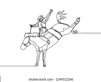 One line drawing of cowboy riding wild horse. Continuous line hand drawn of rodeo show concept. Vector illustration