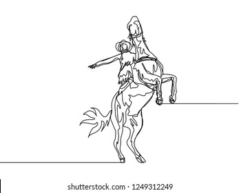 One line drawing of cowboy riding wild horse. Continuous line hand drawn of rodeo show concept. Vector illustration