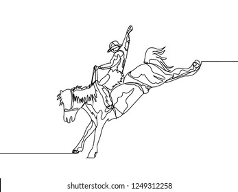 One line drawing of cowboy riding wild horse. Continuous line hand drawn of rodeo show concept. Vector illustration