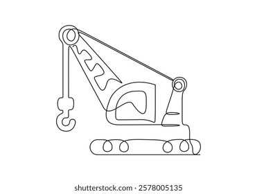 One line drawing of a crane construction vehicle. Continuous single line drawing of a crane. Depicts a construction vehicle in a vector illustration