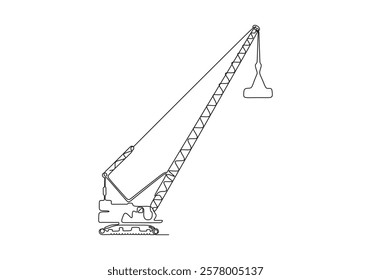 One line drawing of a crane construction vehicle. Continuous single line drawing of a crane. Depicts a construction vehicle in a vector illustration