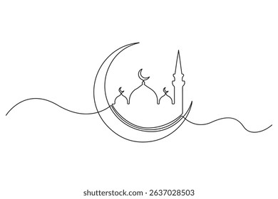 One line drawing of crescent moon and mosque ramadan kareem concept minimalist vector art
