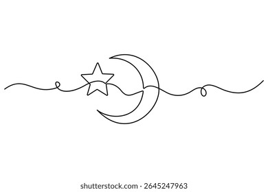 One line drawing of crescent moon and star minimalist ramadan vector design
