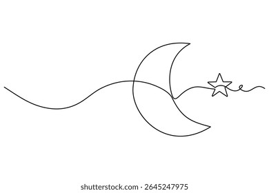 Desenho de uma linha de lua crescente e design de vetor de ramadã minimalista de estrela
