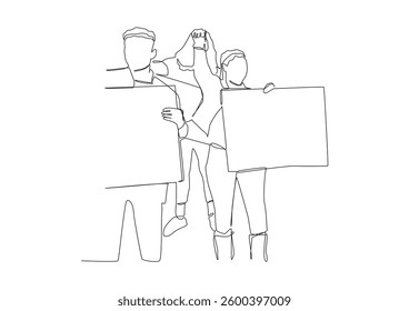 one line drawing of crowd of protesters with placards, rally concept, political event, civil resistance, revolutionaries.