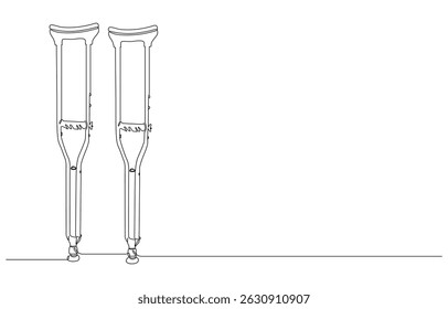 uma linha que desenha muletas para apoio de feridos e idosos. Conceito de equipamento médico, desenho contínuo de uma única linha da muleta moderna do cotovelo
