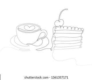 One line drawing of cup of coffe and cake. Vector illustration.