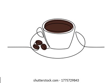 One line drawing of a cup of coffee with beans on a plate for logo and posters. Two colours coffee shop emblem. Trendy continuous line draw design vector illustration