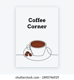 One line drawing cup of coffee with beans for logo. Abstract poster, minimalist linear coffee shop emblem. Trendy vector illustration