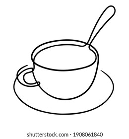 One line drawing. A cup of coffee with a saucer and spoon.
