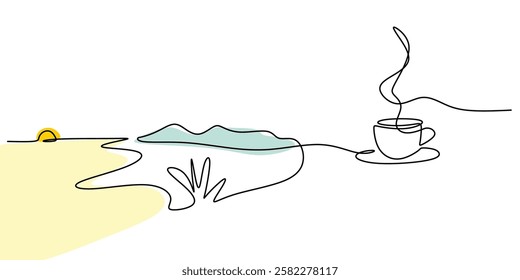 One line drawing of Cup of coffee with mountain. Symbolizing comfort and morning routine. Vector illustration hand drawn.