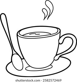 one line drawing of a cup of coffee with a spoon