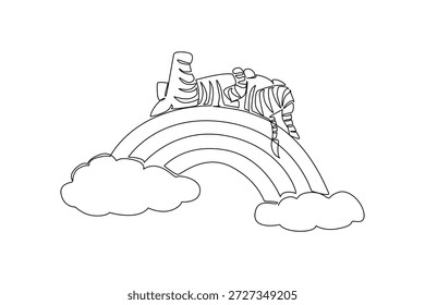 Un dibujo de línea de la cebra adorable linda que duerme en una posición supina en el arco iris. Obra de arte única, mamífero salvaje descansando sobre las nubes. Concepto de Naturaleza Animales de vida silvestre para niños Decoración de vivero