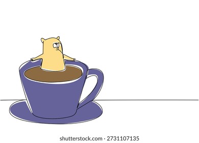 Eine Linie Zeichnung von niedlichen bezaubernden Hamster verfügt über das Haustier Nagetier Einweichen in heißen Kaffeetasse für Naturkonzept. Bunte Kunst ist ideal für internationale Kaffee-Tag-Thema und Kinder Schlafzimmer Dekoration