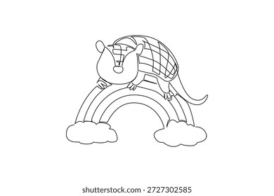 Um desenho de linha de bonitinho tatu enrolado em um arco-íris com nuvens fofas abaixo. Conceito de natureza para animal selvagem bonito, encantador para impressões de cartaz de berçário e projetos de conservação da vida selvagem
