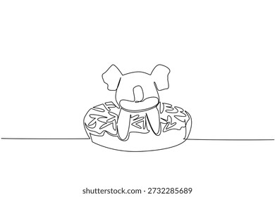 Uma linha desenhando bonito charmoso coala mostra animal da Austrália sentado dentro de rosquinha para o conceito de comida de pastelaria. Design exclusivo de criatura divertida selvagem para decoração de parede infantil propósito em arte de estilo minimalista