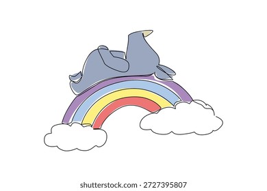 One line drawing of cute heavy rhinoceros with a small horn resting its back in a supine position on a rainbow. Nature concept safari theme for World Rhinoceros Day and conservation awareness campaign