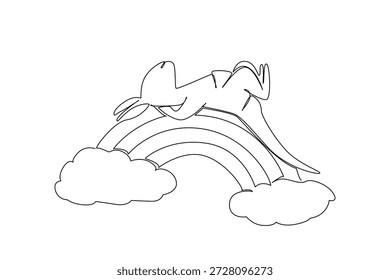 Dibujo de una línea de lindo canguro saltando dormido supino en un arco iris. El arte conceptual de la Naturaleza destaca un tema de fondo para el Día de los Animales de Australia. Ilustración creativa para la Mercancía de la etiqueta engomada del zoológico