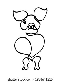 One line drawing of cute pig.
One continuous line drawing of piglet on white.