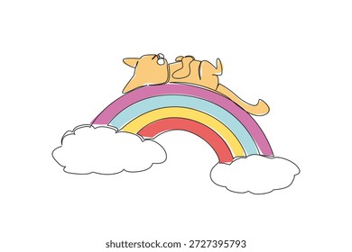 Um desenho de linha de gatinho de estimação pequeno bonito enrolado ou espalhando-se em uma pose supine enquanto cochilando pacificamente em um arco-íris com nuvens. O conceito de natureza tema doméstico animal de estimação para o Dia Internacional do Gato