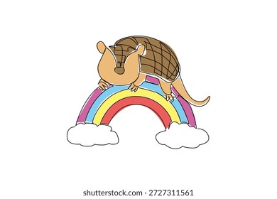 Um desenho de linha de bonitinho e forte tatu blindado enrolou-se em um arco-íris colorido com nuvens fofas abaixo. Conceito de natureza para animal bonito da floresta tropical selvagem, ideal para impressões de berçário e decoração de parede