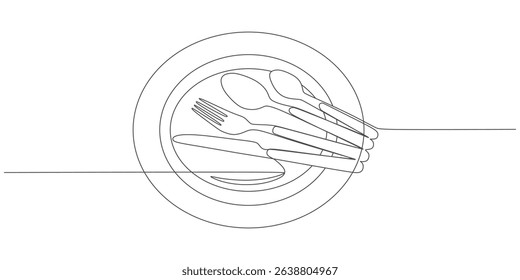 One Line Drawing of Cutlery Set on Plate – Minimalist Tableware Illustration