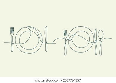 One line drawing of cutlery spoon, fork, plate. Minimal style. Perfect for cards, party invitations, posters, stickers, clothing.