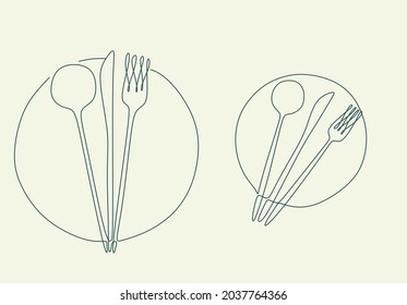 One line drawing of cutlery spoon, fork, plate. Minimal style. Perfect for cards, party invitations, posters, stickers, clothing.