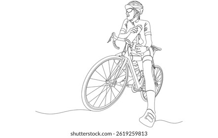 Desenho de uma linha de ciclista com bicicleta fazendo uma pausa - Ilustração de vetor minimalista
