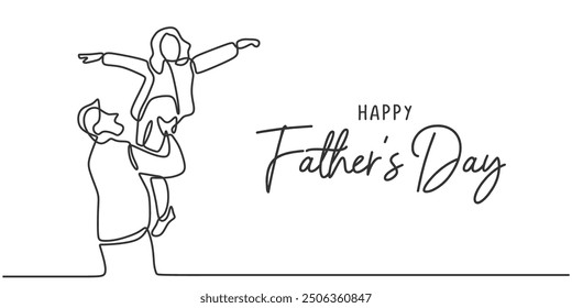 One line drawing of a dad holding his child for Father's Day. Minimalist hand-drawn vector illustration isolated on white.