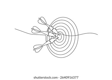 One line drawing of dart hitting target board. Minimalist continuous line art of archery or darts concept for precision and focus
