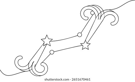 Desenho de uma linha de uma constelação de estrelas decorativas com redemoinhos para temas celestes e cósmicos