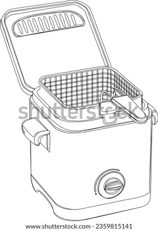 One Line Drawing of Deep Fryer - Kitchen Appliance Sketch, Continuous Line Art Fryer with Open Lid - Vector Illustration, Hand-Drawn Fryer Isolated on White Background, Electric Oil Fryer