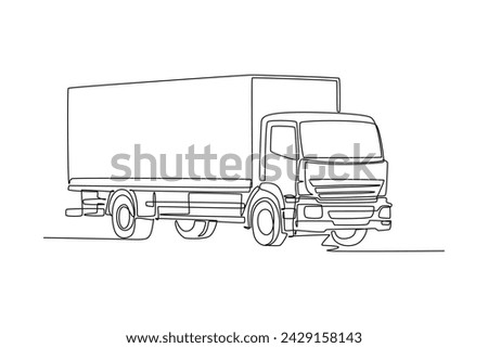 One line drawing of delivery box car. Courier cargo delivering vehicle transportation concept. Single continuous line draw design