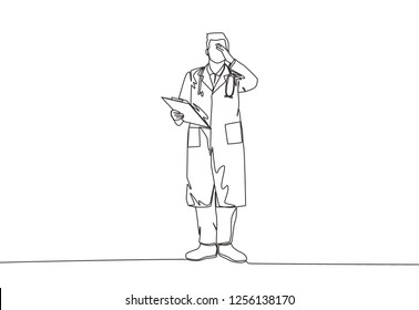 One Line Drawing Of Depression Doctor In Suit. Continuous Line Drawing Of Frustration And Despair Concept. Vector Illustration Design