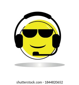 One line drawing of a device headphone design isolated on white background with yellow emoticon. Music elements for listening to songs and playlists.