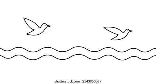 Desenho de uma linha para usos diferentes. Ilustração vetorial. com fundo branco. Gaivotas voam sobre a superfície do mar. Ondas pequenas. Dia Mundial do Mar.