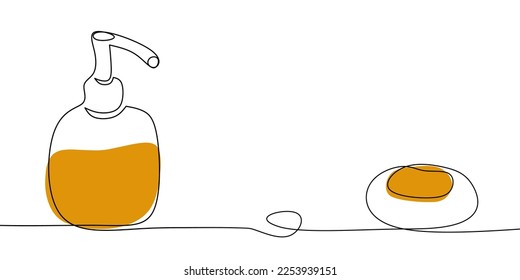 One line drawing of dispenser with liquid soap and a piece of soap on a soap dish. Vector continuous one single line drawing. 