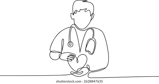 one line drawing of a doctor with stethoscope placing hand on heart icon, symbolizing compassion and modern healthcare services