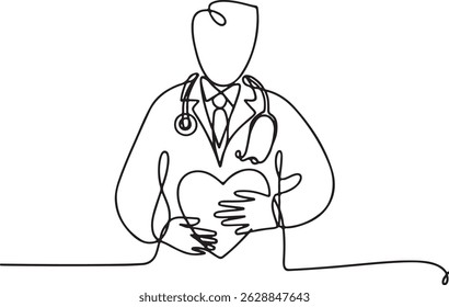 one line drawing of a doctor with stethoscope placing hand on heart icon, symbolizing compassion and modern healthcare services